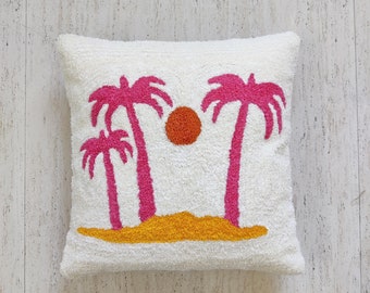 Pink & Ivory, Palm Tree Beach Crewel Embroidered (Aari Embroidery) Handmade Decorative Boho Throw Pillow Cover