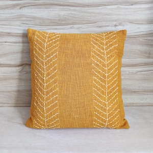 Mustard yellow Raw Hand Dyed Cotton Hand Kantha Embroidered  Boho Cushion Cover 16x16, 18x18, 20x20, 22x22 Inches Textured Throw Pillow Case