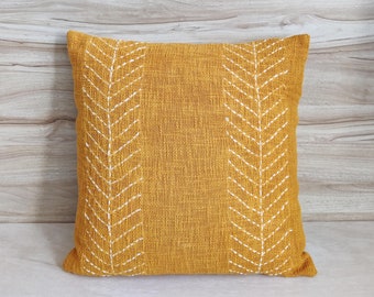 Mustard yellow Raw Hand Dyed Cotton Hand Kantha Embroidered  Boho Cushion Cover 16x16, 18x18, 20x20, 22x22 Inches Textured Throw Pillow Case