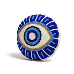 Blue Guardian Eye Hand Embroidered Round Throw Pillow Case Boho Evil Eye Cushion Cover