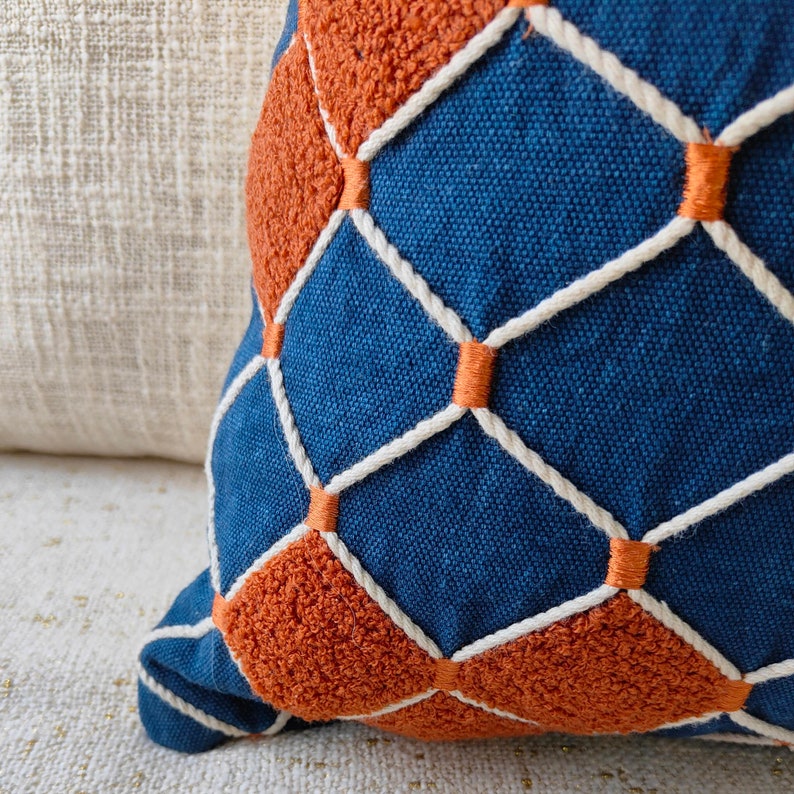 Rust Orange Blue Aari Embroidered Handmade Cushion Cover Decorative Textured Boho 16x16, 18x18, 20x20 Throw Pillow Cover image 3