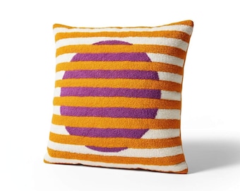 Purple Orange Hand Embroidered Geometric Cushion Cover Boho Throw Pillow Case