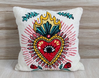 Red, Yellow, Turquoise, pink And Multi Color Crewel Embroidered (Aari Embroidery) Handmade Decorative Bohemian Textured Throw Pillow Cover