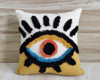 Evil Eye Pillows Mustard Yellow Black Blue Multicolor Tufted Embroidered Pillow Cover 18x18 Inches Boho Pillows Decorative Throw Pillow Case