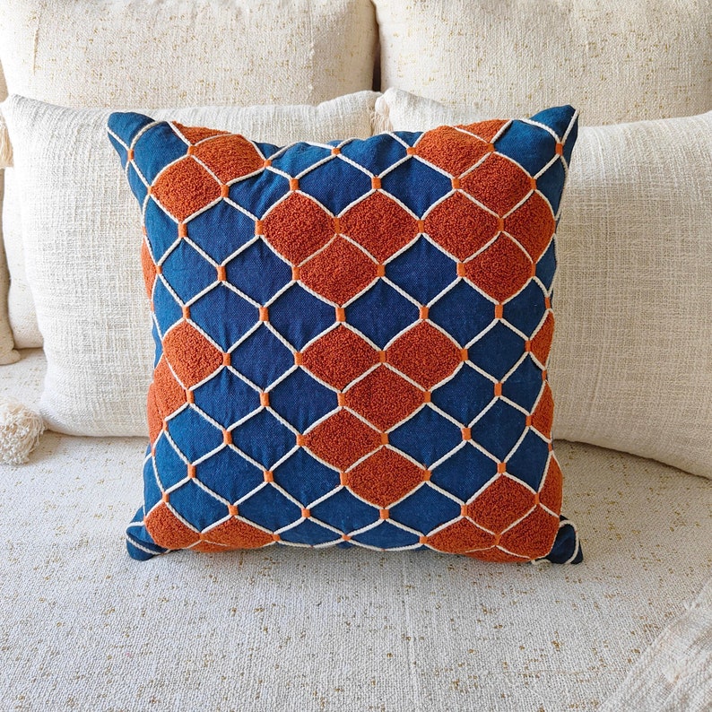 Rust Orange Blue Aari Embroidered Handmade Cushion Cover Decorative Textured Boho 16x16, 18x18, 20x20 Throw Pillow Cover image 4