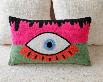 Evil Eye Pillows Pink Orange Sage Green Multi Color Hand Machine Embroidered (Aari Embroidery) Handmade Decorative Boho Throw Pillow Cover