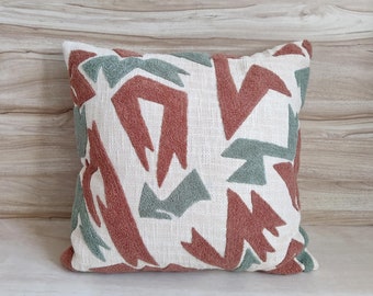 Sage Green, ivory And Coral Pink Crewel Embroidered (Aari Embroidery) Handmade Decorative Bohemian Textured Throw Pillow Cover