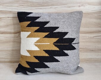Wool And Kilim Pillow Case, Grey And Black Multicolor Textured Throw Pillow Cover 18x18 Inches Boho Decorative Cushion Cover