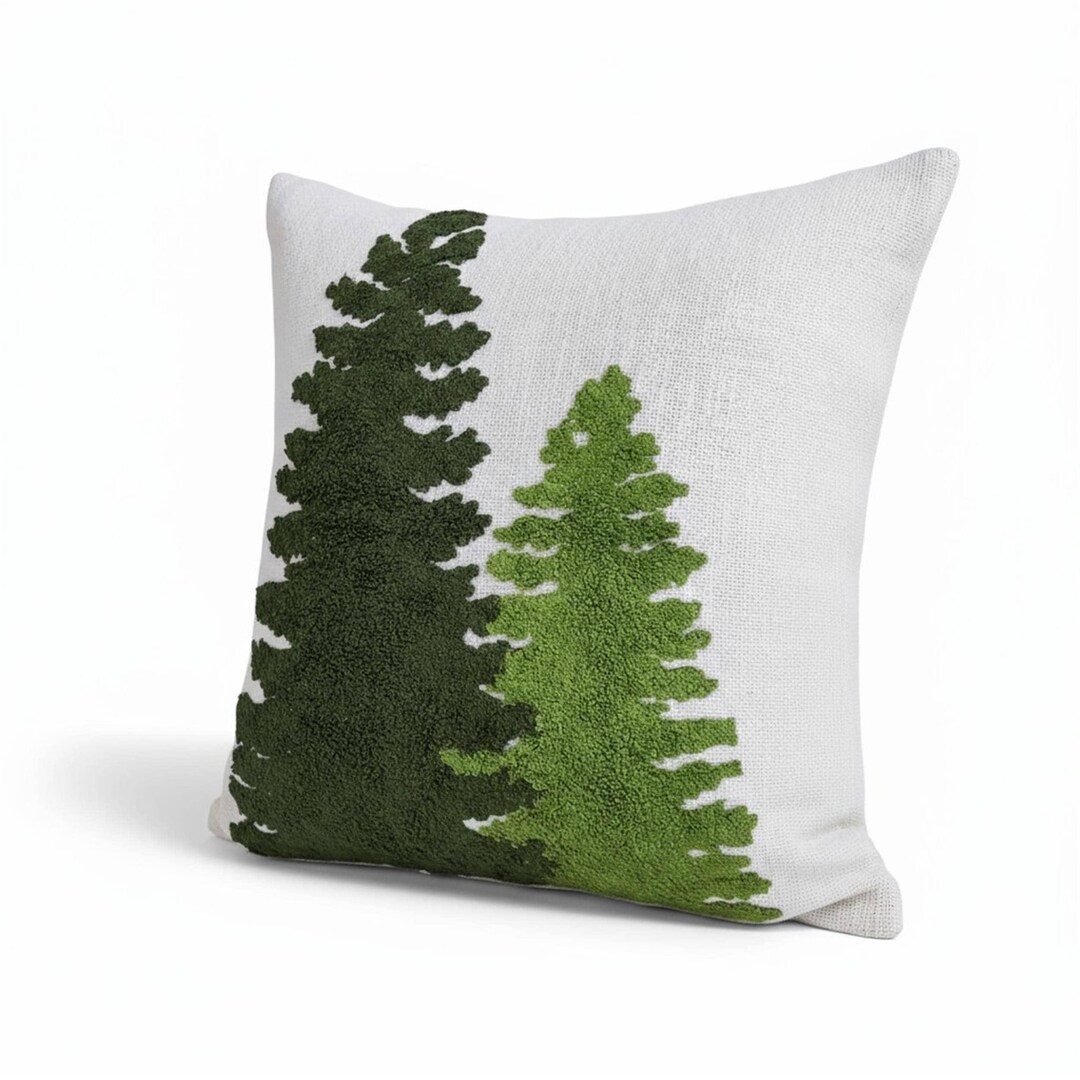 Hand Embroidered Christmas Tree Cushion Cover Green Boho Throw Pillow ...