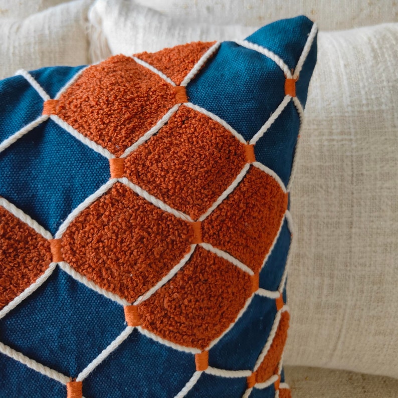 Rust Orange Blue Aari Embroidered Handmade Cushion Cover Decorative Textured Boho 16x16, 18x18, 20x20 Throw Pillow Cover image 2