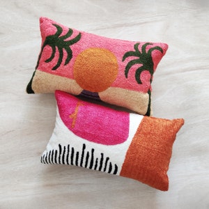 Pink Orange And Multi Color Crewel Embroidered (Aari Embroidery) Handmade Decorative Boho Throw Pillow Cover