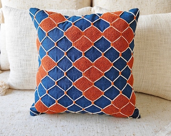 Rust Orange Blue Aari Embroidered Handmade Cushion Cover Decorative Textured Boho 16x16, 18x18, 20x20 Throw Pillow Cover