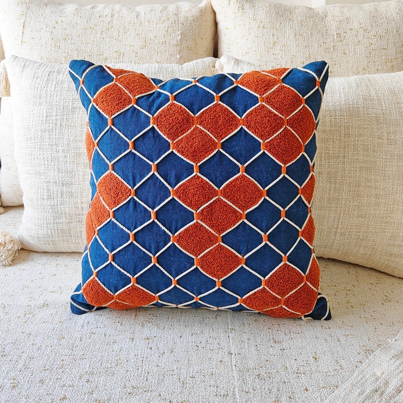 Rust Orange Blue Aari Embroidered Handmade Cushion Cover Decorative Textured Boho 16x16, 18x18, 20x20 Throw Pillow Cover image 1