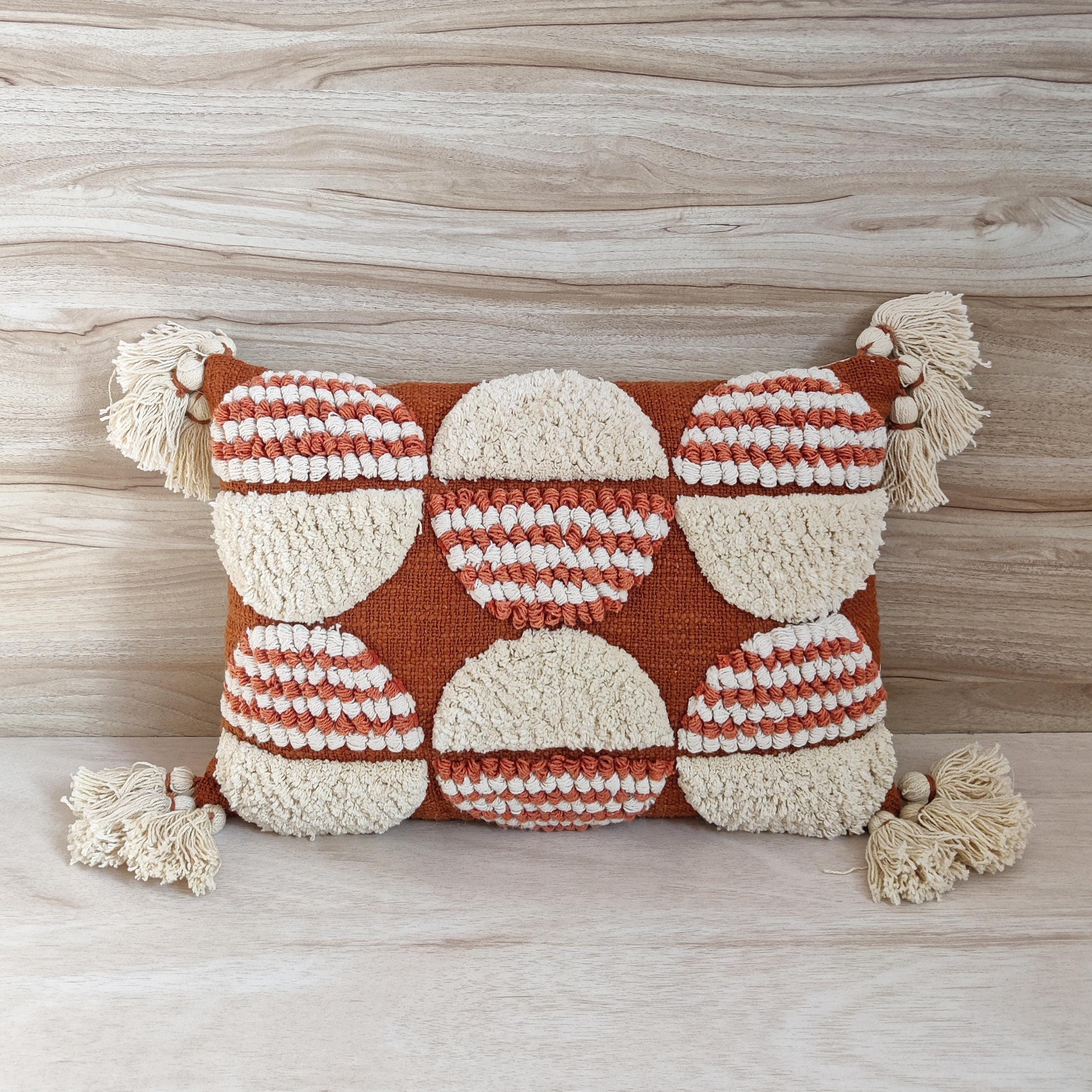 Rust Orange & Cream Ivory Tufted Textured Cushion Cover 12x20 14x20 Inches Indian Hand Embroidered Boho Throw Pillow Cover