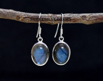 May include: A pair of silver drop earrings with oval-shaped, iridescent blue gemstones. The earrings are suspended from a simple hook design. The text "SHREESILVERGEMS" is visible on the branch above the earrings. The background is black.