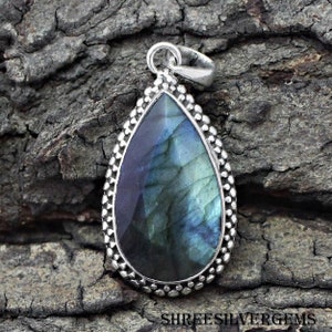 Blue Fire Labradorite Silver Necklace, Sterling Silver Pendant Necklace, Gemstone Pendant, Adorable, Rustic, Silver Jewelry, Wedding Gifts