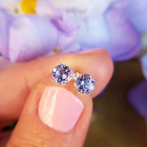 Amethyst Stud Earrings, 925 Sterling Silver, Handmade Jewelry, Purple Round Shape Gemstone, Tinny Statement Earrings, Birthday Gift For Her