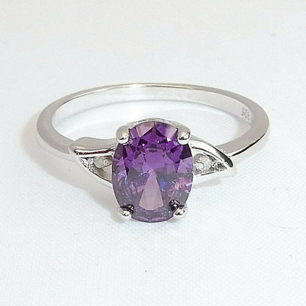 Genuine Amethyst & Diamond Ring, Oval Shape Purple Gemstone, 925 Sterling Silver, Handmade Jewelry, Silver, Women's Ring Propose For Gifted