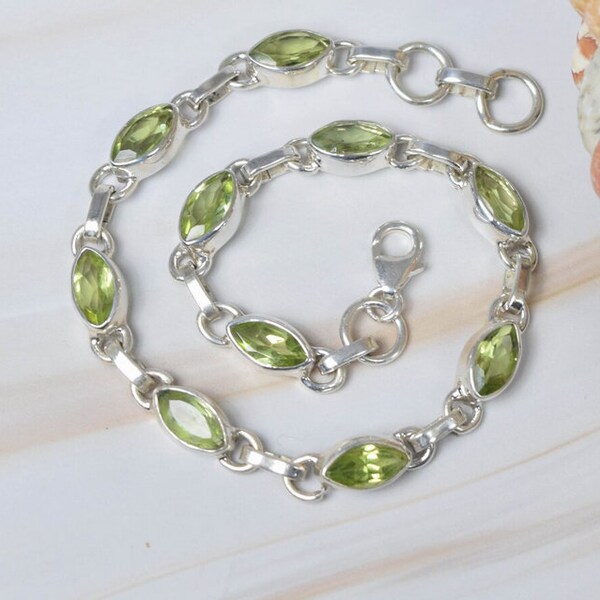 Green Peridot Bracelet, 925 Sterling Silver Jewelry, Adjustable Handmade Jewelry, 10 Stone Marquise 5x10 MM Bracelet, Wedding Gift For Her