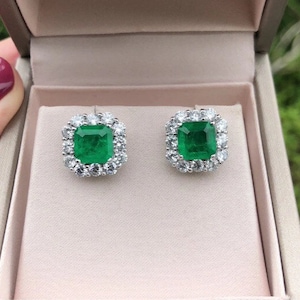 Genuine Green Emerald With Diamond Earrings, 925 Sterling Silver Earrings, Handmade Jewelry, Cushion Shape Gemstone Earrings, Women's Gifts