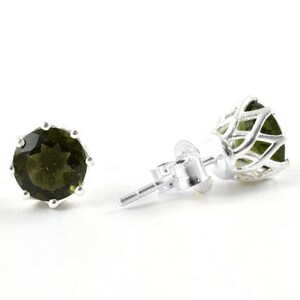Moldavite Earrings, 925 Sterling Silver Earrings, 7mm Stud Earrings, Round Cut Earrings, Prong  Green Moldavite Earrings, Natural Moldavite