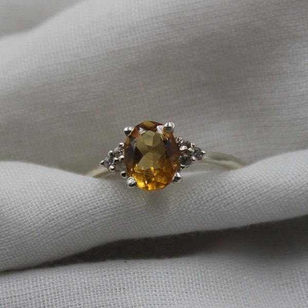 Natural Citrine With Diamond Ring, 925 Sterling Silver, Statement Ring, Handmade Jewelry, Oval Shape 7x9 MM Yellow Gemstone Anniversary Gift