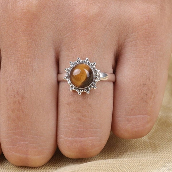Genuine Tiger Eye Ring, 925 Sterling Silver, Round Shape Brown Gemstone, Handmade Designer Jewelry, Boho Ring, Round Designer Birthday Gift