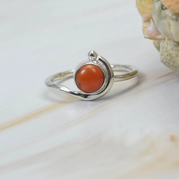 Natural Carnelian Ring, Dainty Ring, 925 Sterling Silver, Round Shape Orange Gemstone, Handmade Jewelry, Statement Ring, Mother's Day Gift