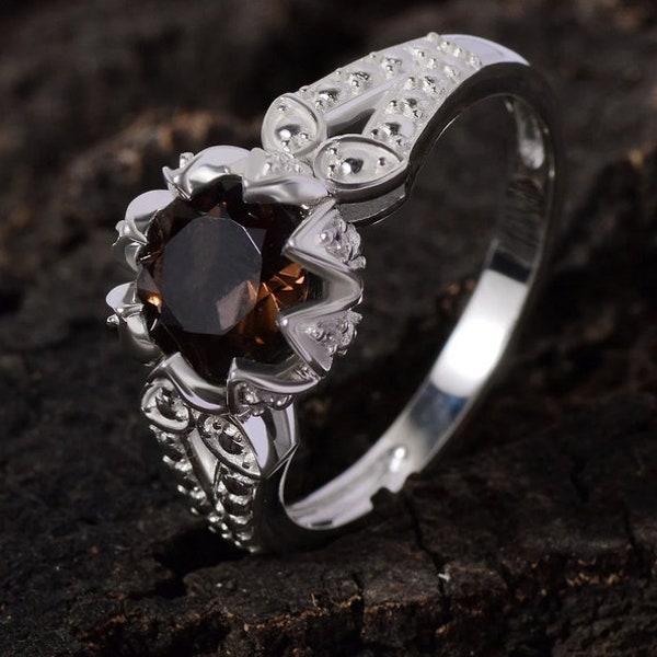 Smoky Quartz Ring, Solid 925 Sterling Silver, Handmade Jewelry, Statement Round Shape 8x8 MM Gemstone, Designer Silver Ring, Engagement Gift
