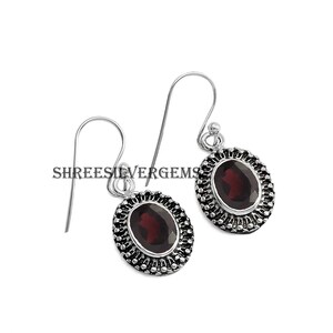 Natural Garnet Solid 925 Sterling Silver Boho Earrings For Women -Handmade Oval Cut Gemstone Earrings For Wedding Anniversary Gift Idea