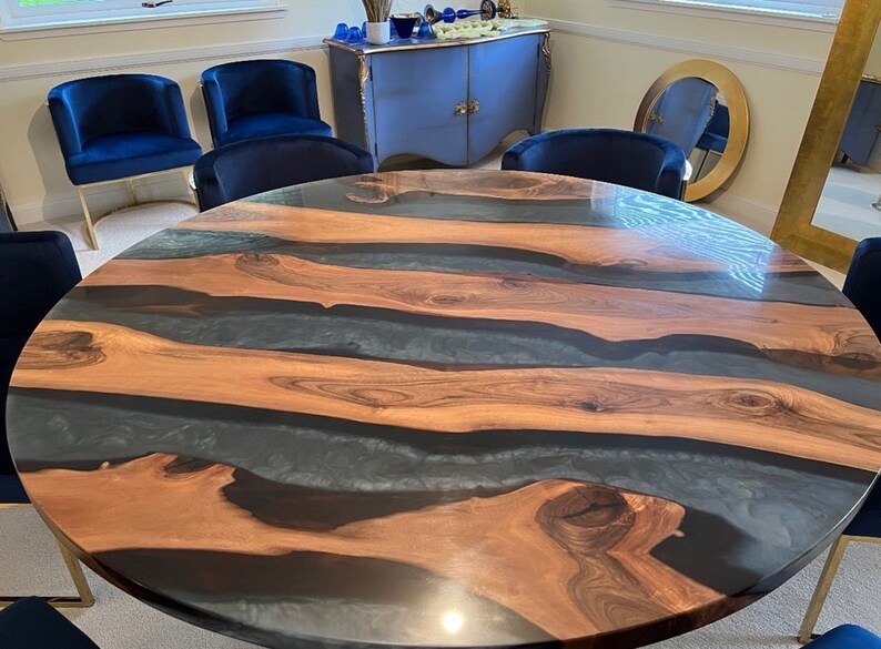 Anthracite Grey Round Epoxy Table Resin River Dark Walnut Etsy