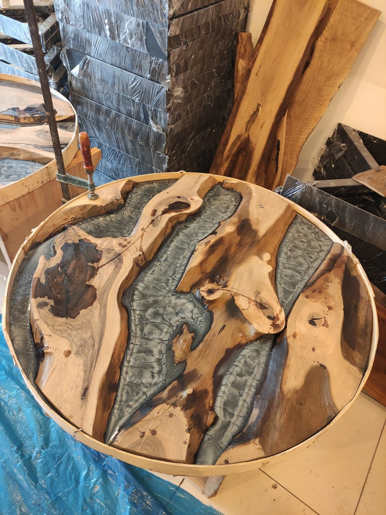 Anthracite Grey Round Epoxy Table Resin River Dark Walnut Etsy