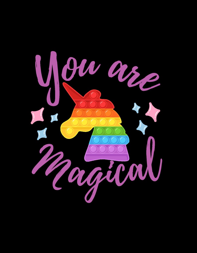 May include: A rainbow pop-it toy shaped like a unicorn with the text "You are magical" in purple script.