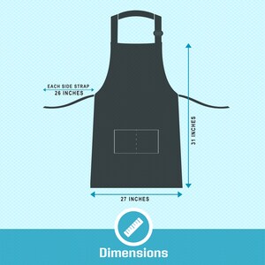 May include: Black apron with a single pocket and adjustable straps. The apron measures 31 inches in length, 27 inches in width, and each strap is 26 inches long. Dimensions are shown in inches.