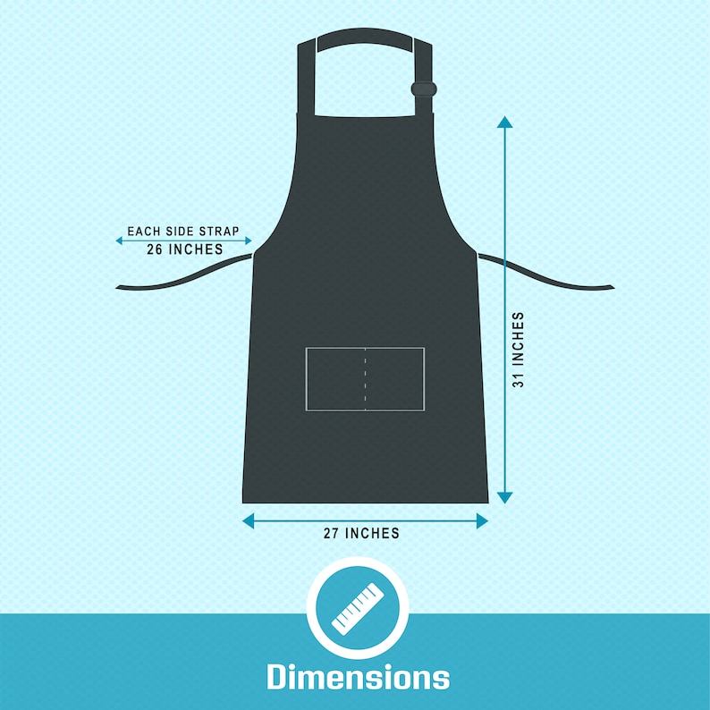 May include: Black apron with a single pocket and adjustable straps. The apron measures 31 inches in length, 27 inches in width, and each strap is 26 inches long. Dimensions are shown in inches.