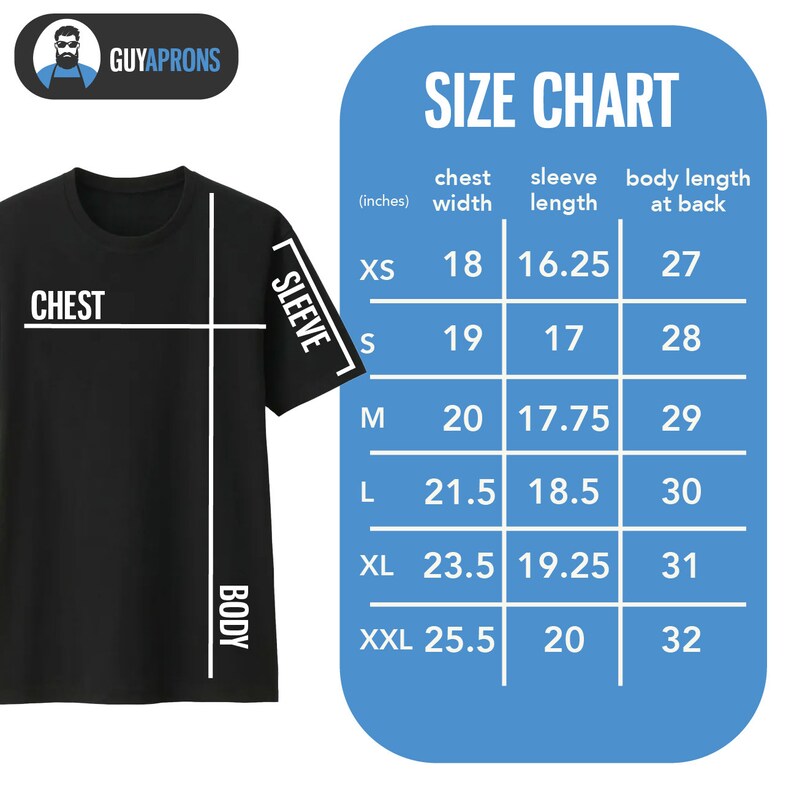May include: Size chart for a t-shirt with measurements in inches for chest width, sleeve length, and body length at the back. Sizes include XS, S, M, L, XL, and XXL.