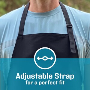 May include: Black adjustable apron with a white adjustable strap. The strap has a slider to adjust the length. The text "Adjustable Strap for a perfect fit" is on a blue background.