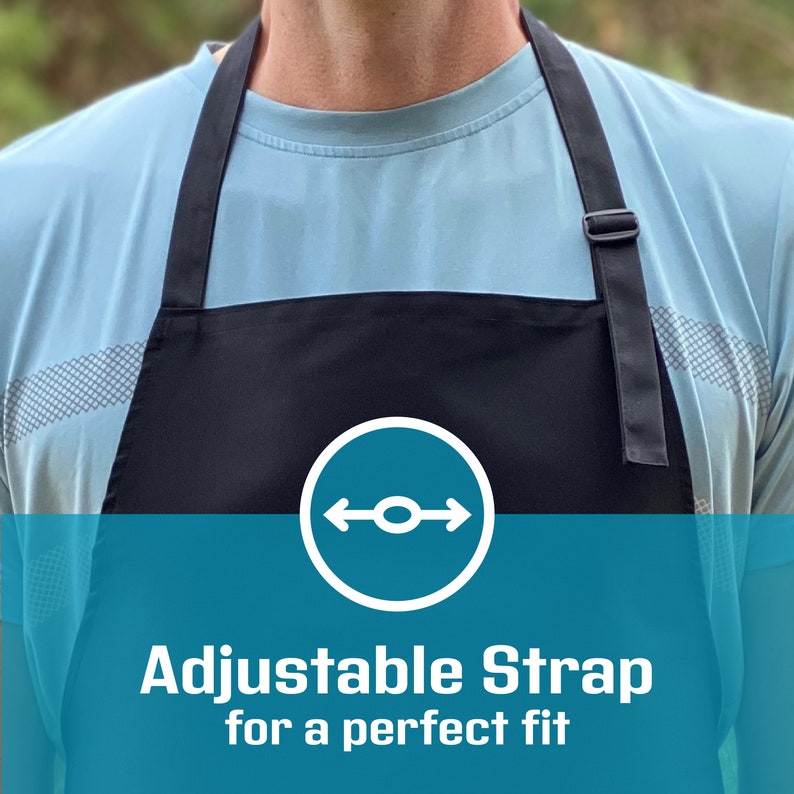 May include: Black adjustable apron with a white adjustable strap. The strap has a slider to adjust the length. The text "Adjustable Strap for a perfect fit" is on a blue background.