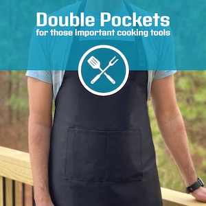 May include: A black apron with two large pockets and a white graphic of a spatula and fork crossed over each other in a circle. The text "Double Pockets" and "for those important cooking tools" is above the graphic.