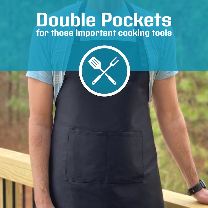 May include: A black apron with two large pockets and a white graphic of a spatula and fork crossed over each other in a circle. The text "Double Pockets" and "for those important cooking tools" is above the graphic.