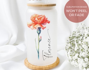 Personalized Birth Flower Glass Cup, 16oz Frosted Can