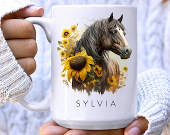 Horse Sunflower Personalized Coffee Mug, Custom Watercolor Mug with Name, Gift for Her, Birthday Gift, 15oz, 11oz Mug