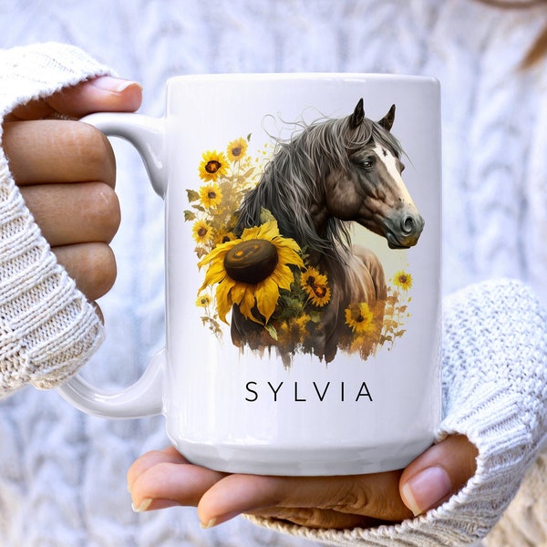 Horse Sunflower Personalized Coffee Mug, Custom Watercolor Mug with Name, Gift for Her, Birthday Gift, 15oz, 11oz Mug