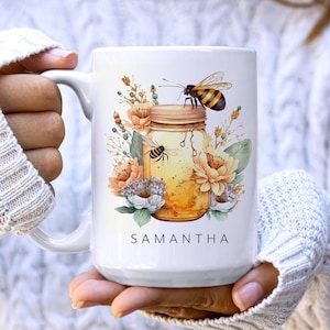 Bee Honey Jar Personalized Coffee Mug, Custom Floral Mason Jar Mug with Name, Gift for Her, Birthday Gift, 15oz, 11oz Mug