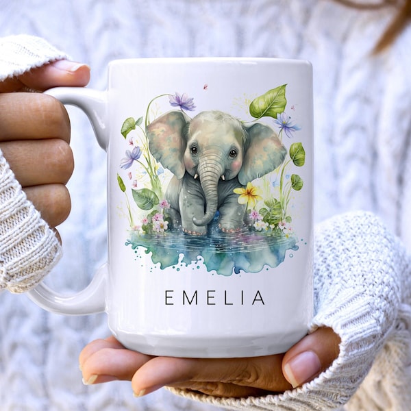Baby Elephant Personalized Coffee Mug, Custom Watercolor Mug with Name, Gift for Her, Birthday Gift, 15oz, 11oz Mug