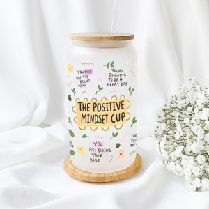 My Positive Mindset Glass Can, Mental Health Gift, Positive Affirmations Gift, 16oz Frosted Glass Can with Lid & Straw