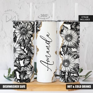 Personalized Skinny Tumbler, Black and White Sunflower, Custom Name Tumbler Gift, Skinny Tumbler,  Bridesmaid Gift, Vacation Tumbler