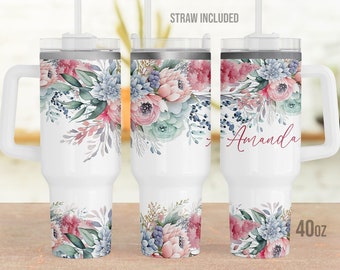 Personalized Floral 40oz Tumbler with Handle