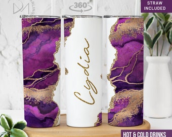 Personalized Purple Agate Gold Marble Tumbler, Bridesmaid Gift