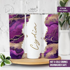 Personalized Skinny Tumbler, Purple Agate Gold Marble  Sublimation, Skinny Tumbler, Gift for Her, Bridesmaid Gift, Vacation Tumbler